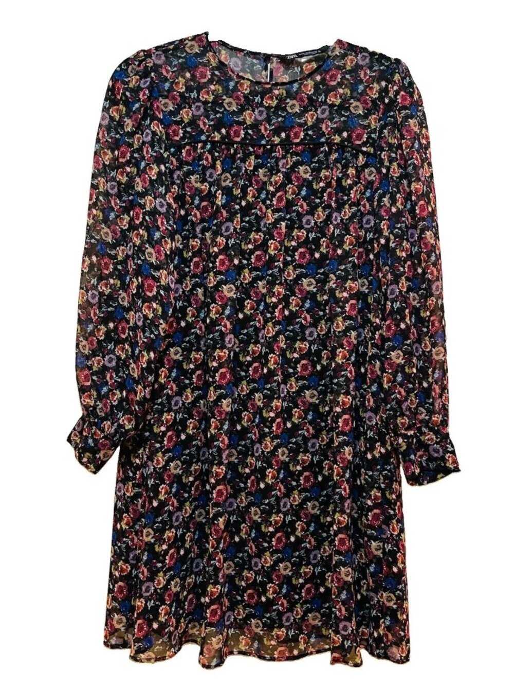 ZARA Black Sheer Micro Floral Long Sleeve Mini Dress Sz XS